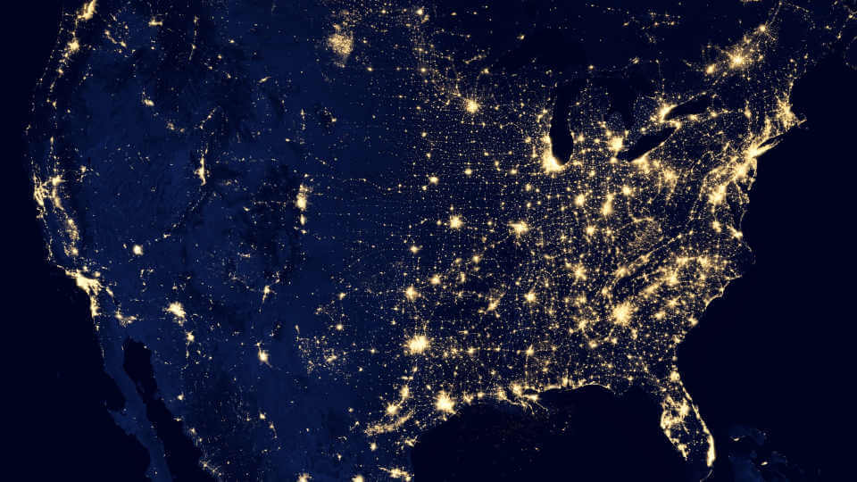 Map with lights of cities at night from space