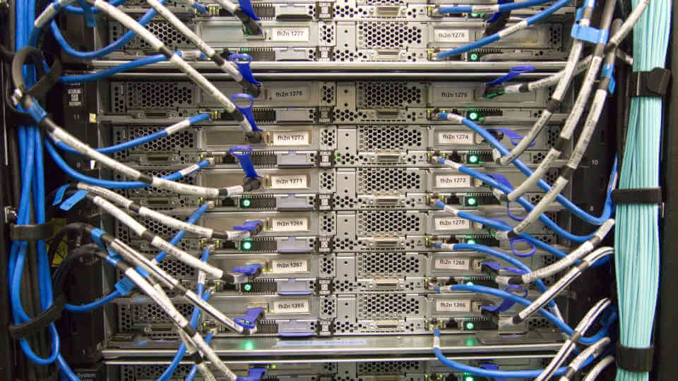 Several connected servers in one rack one above the other